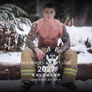 Hot Heroes And Puppy Love 2027 Calendar - Firefighter Muscular Hunks & Dogs Wall calendars Gay Gift - LGBTQ Gift - Bachelorette
