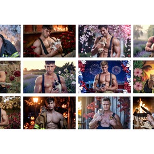 May include: A collage of twelve images featuring men in firefighter attire holding kittens. Each image has a different background, including a forest, a field of flowers, and a beach.