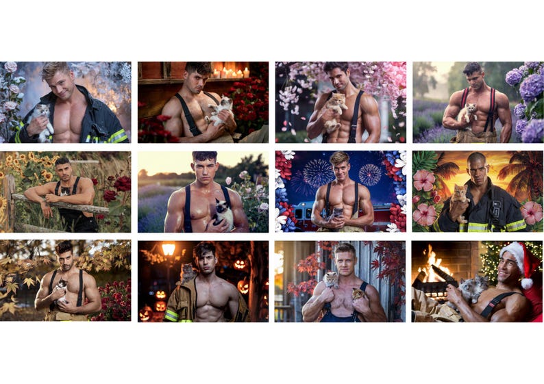 May include: A collage of twelve images featuring men in firefighter attire holding kittens. Each image has a different background, including a forest, a field of flowers, and a beach.