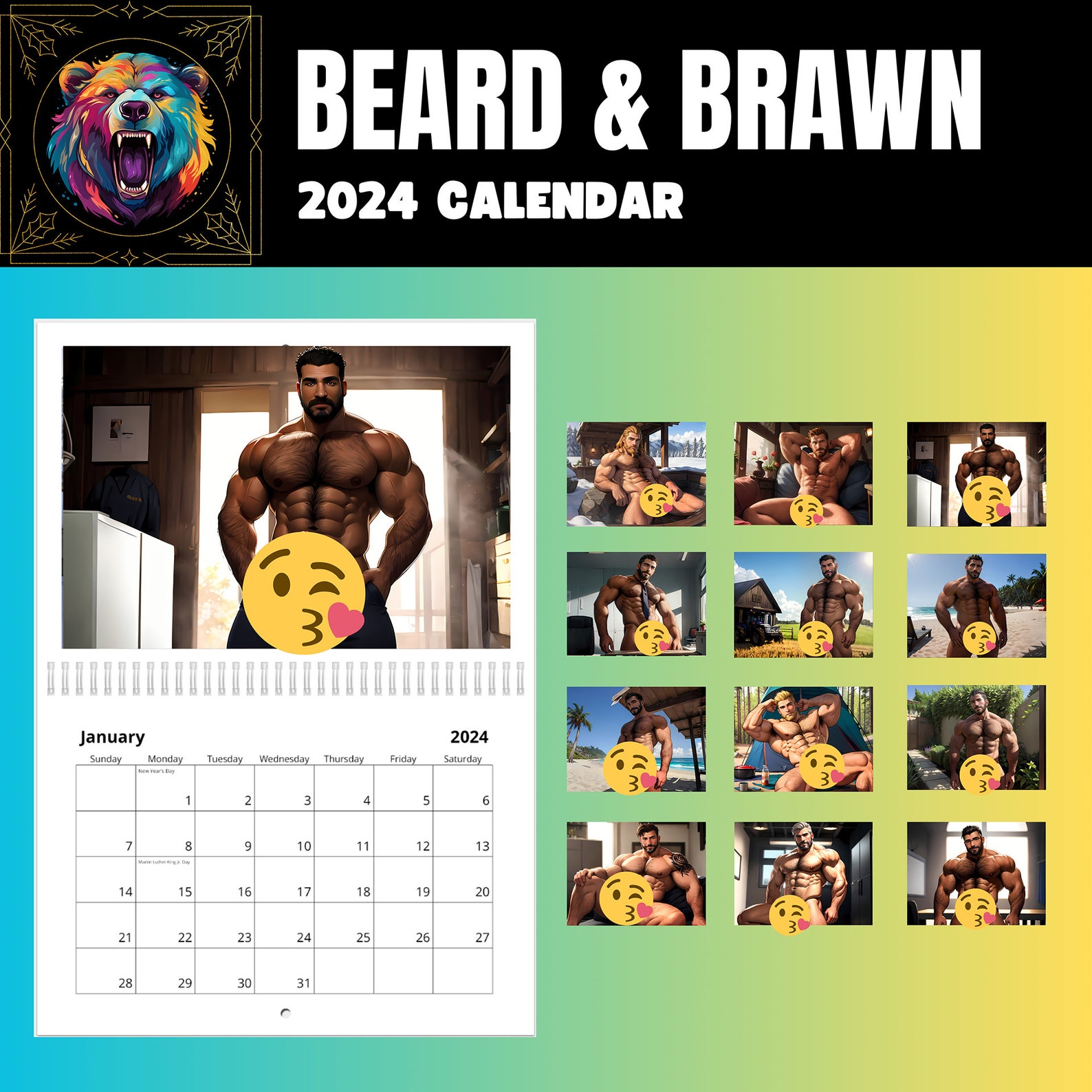 20242025 Beard and Brawn Hunks Dilfs Naked Calendar Muscular Hunks