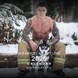 Hot Heroes And Puppy Love 2025 Calendar - Firefighter Muscular Hunks & Dogs Wall calendars Gay Gift - LGBTQ Gift - Bachelorette