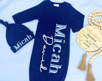 Personalized Newborn  Boy Gown and Hat Set, Monogram Hospital set, Baby Coming Home Outfit, Navy Baby Boy Outfit