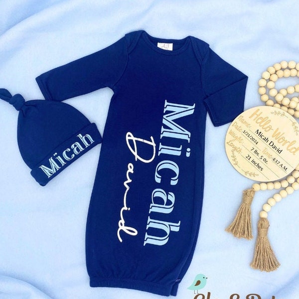 Personalized Newborn  Boy Gown and Hat Set, Monogram Hospital set, Baby Coming Home Outfit, Navy Baby Boy Outfit