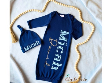 Personalized Newborn  Boy Gown and Hat Set, Monogram Hospital set, Baby Coming Home Outfit, Navy Baby Boy Outfit