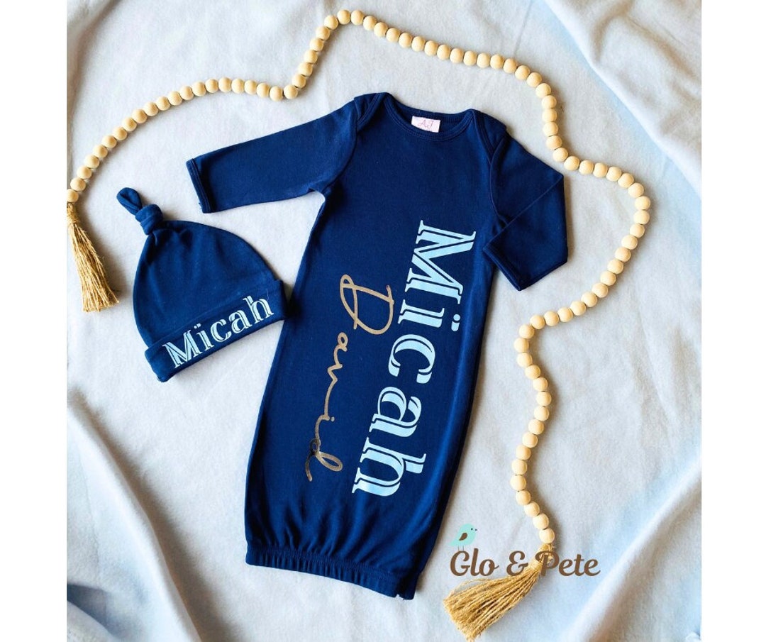 Personalized Newborn Boy Gown And Hat Set Monogram Hospital Set Baby personalized-newborn-boy-gown-and-hat-set-monogram-hospital-set-baby