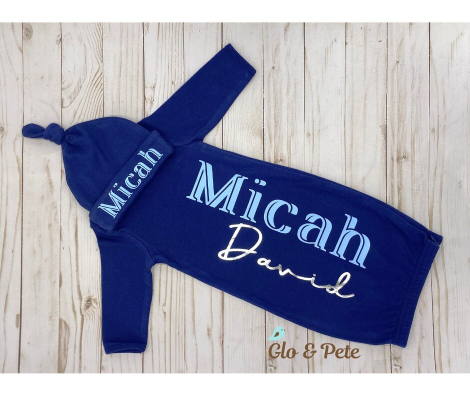 Personalized Newborn Boy Gown And Hat Set Monogram Hospital Set Baby personalized-newborn-boy-gown-and-hat-set-monogram-hospital-set-baby