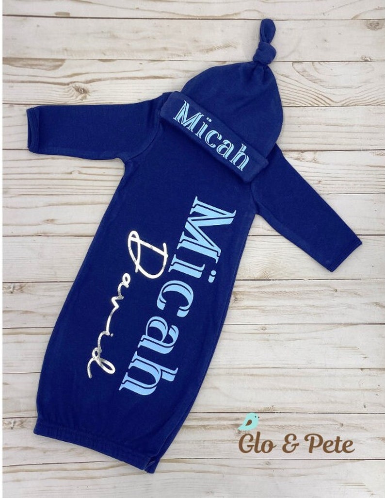 Personalized Newborn Boy Gown and Hat Set, Monogram Hospital Set, Baby Coming Home Outfit, Navy