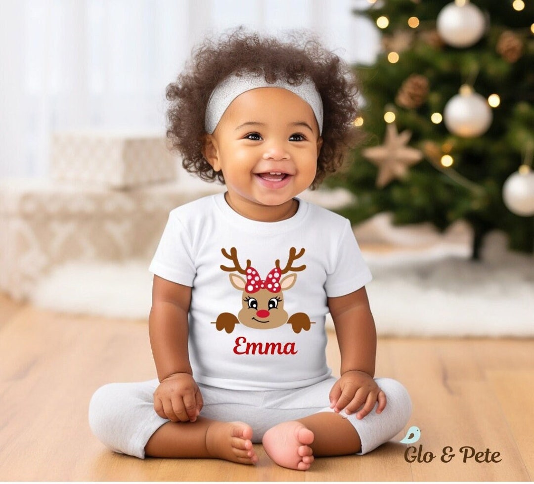 Girls Reindeer Name Shirt / Personalized Name Onesie / Christmas T