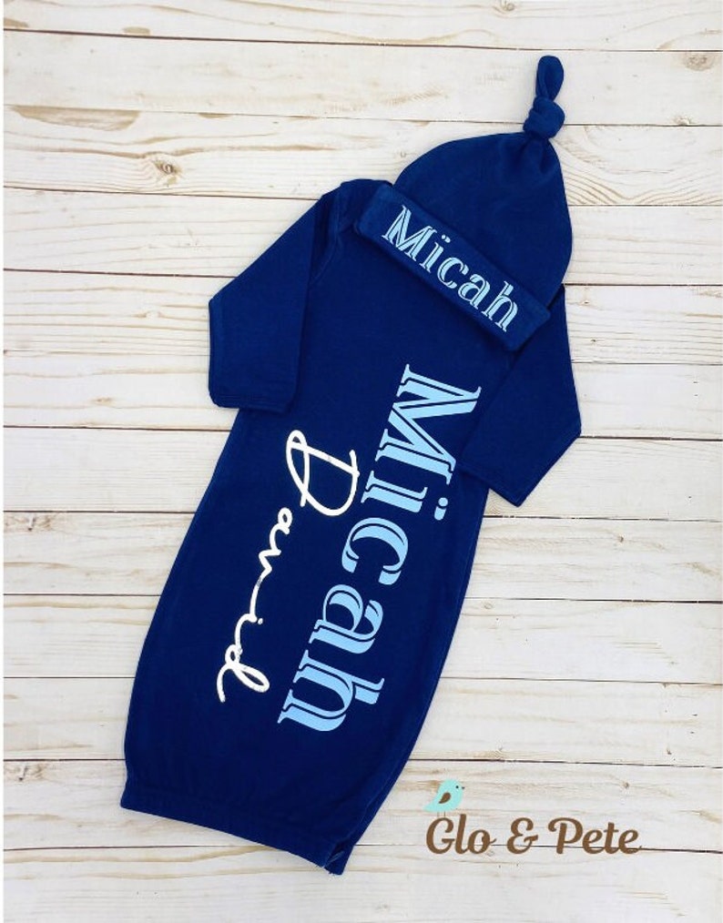 Personalized Newborn Boy Gown and Hat Set, Monogram Hospital Set, Baby Coming Home Outfit, Navy