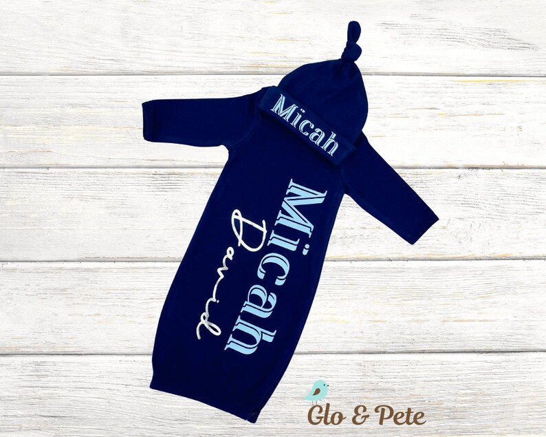 Personalized Newborn Boy Gown and Hat Set Monogram Hospital Etsy