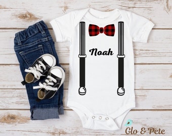 Personalized Name Bow Tie and Suspenders Body Suit, Red Plaid Bow Tie, Boy's Holiday Outfit, Baby Shower Gift