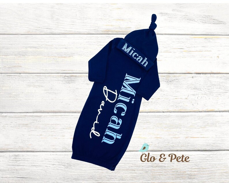 Personalized Newborn Boy Gown and Hat Set Monogram Hospital Etsy