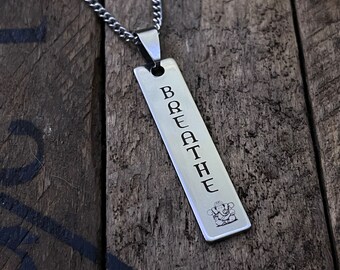 BREATHE Laser-Engraved Stainless Steel Necklace Yoga Jewelry w/ Personalized Message