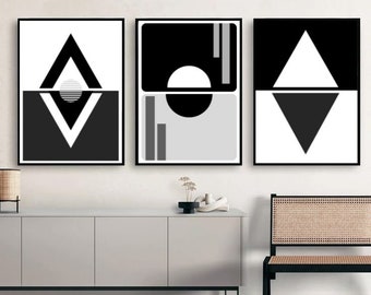 Abstrakte geometrische Kunst, 3er Set, Mid Century, moderne Kunst, Digitaldruck, Wandkunst, schwarz und weiß, digitaler Download.