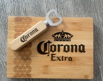 Corona Chopping Board PLUS Wooden Bottle opener Bar Accessories Size - 21 x 15 x 1.5cm Great Gift Father’s Day valentine's gift