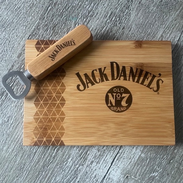 Jack Daniels Chopping Board &  wooden Bottle opener Home Bar BBQ Party FSC Bamboo JD Bar Accessories Size - 21 x 15 x 1.5cm