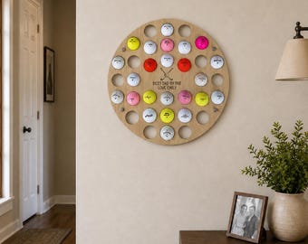 Personalised Wall LARGE 34 Golf Ball Holder Golf Wall Art Fathers Dad Christmas golf gift, made for you INCLUDES wall fittings
