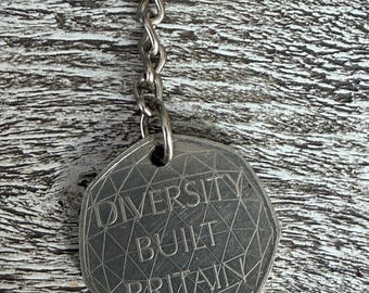 Diversity Built Britain 50p Keyring great for coin collector made from a genuine 50p Lucky Coin