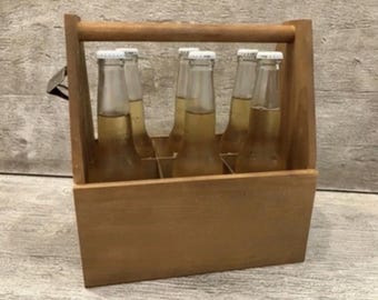 6 Pack Bottle Caddy Plain Wood Holder Trug Tote Carrier Case Beer Pop Crate NEW + metal bottle Opener attached Drinker dad gift