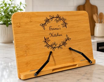Personalised Bamboo Cookbook Stand: Custom Recipe Holder, Kitchen Book Display (33cm)