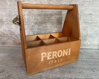Peroni Beer Bottle Caddy: Rustic Wood 6-Bottle Holder with Opener