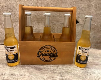 Personalised Grandad Wooden 6 Beer Bottle Caddy Holder Trug Tote Crate Carrier Case + Opener