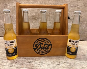 Personalised Dad Wooden 6 Beer Bottle Caddy Holder Trug Tote Crate Carrier Case + Opener