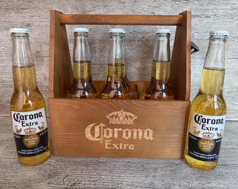 Corona Extra 6 Wooden Beer Bottle Caddy Holder Trug Tote Crate Carrier Case + Opener Drinker dad gift valentines gift