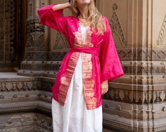 Pink pure silk robe ︙ Banarasi silk ︙ Pure silk kimono ︙ Unique silk robe ︙ Bohemian clothing ︙ Ethnic kimono ︙ Ceremonial silk robe