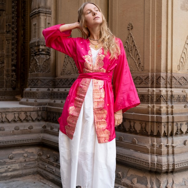 Pink pure silk robe ︙ Banarasi silk ︙ Sheer silk kimono ︙ Unique silk robe ︙ Bohemian clothing ︙ Ethnic kimono ︙ Ceremonial silk robe