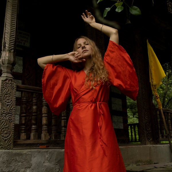 Pure silk orange dress ︙ Wrap silk dress ︙ Bohemian clothing ︙ Ethnic silk dress ︙ Ceremonial silk robe ︙ Saree silk ︙ Authentic silk