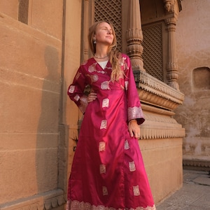 Magenta silk robe ︙ Unique silk dress ︙ Bohemian clothing ︙ Ethnic silk dress ︙ Ceremonial silk robe ︙ Saree silk ︙ Authentic silk