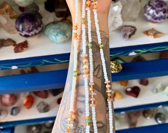 Pink Moonstone, White Moonstone and Green Aventurine Trust Yourself Waist Bead Set, Permanent Tie On Crystal Waist Beads
