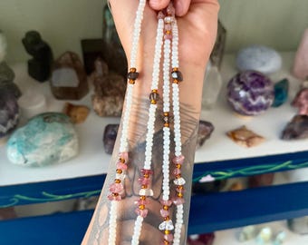 Smoky, Strawberry, and Clear Quartz Waist Bead Set, Belly Band Weight Loss Tracker , Non Permanent Crystal Waist Bead with Gold Filled Clasp