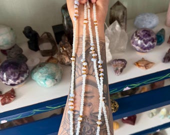 Blue Lace Agate, Rose Quartz, and Moonstone Expression Waist Bead Set, Belly Band Weight Loss Tracker , Permanent Tie On Crystal Waist Beads