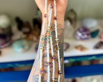 Rainbow Fluorite and Strawberry Quartz Harmony Waist Bead Set, Belly Band Weight Loss Tracker , Permanent Tie On Crystal Waist Beads