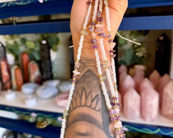 Amethyst, Rose Quartz, and Green Fluorite Balance Waist Bead Set , Permanent Tie On or Removable Crystal Waist Beads