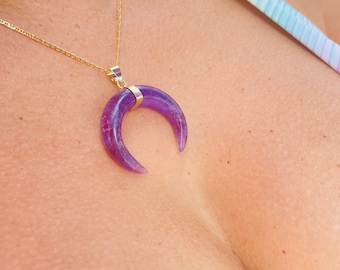Amethyst Crescent Moon Necklace – Healing Crystal Jewelry, Lunar Pendant for Intuition & Calm, February Birthstone Gift for Her