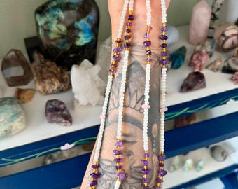 Conjunto de contas de cintura em ametista e quartzo rosa, rastreador de perda de peso para a barriga, contas de cristal permanentes para amarrar na cintura.