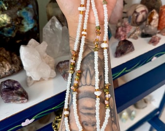 Unakite, Rose Quartz & Moonstone Feminine Renewal Waist Bead Set, Belly Band Weight Loss Tracker , Permanent Tie On Crystal Waist Beads