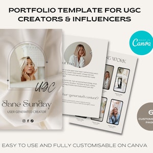 May include: A portfolio template for UGC creators and influencers, made with Canva. The template features a beige background with a white archway and a woman's face inside. The text "Jane Sunday" and "User Generated Creator" is below the archway. The template has six customizable pages.