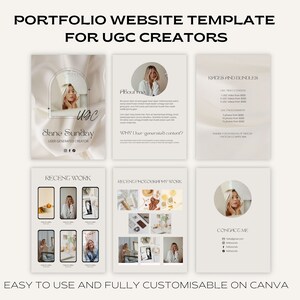 May include: A portfolio website template for UGC creators, featuring a light beige background with a minimalist design. The template includes sections for about the creator, recent work, photography work, rates and bundles, and contact information. The template is easy to use and fully customizable on Canva.