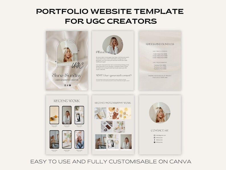May include: A portfolio website template for UGC creators, featuring a light beige background with a minimalist design. The template includes sections for about the creator, recent work, photography work, rates and bundles, and contact information. The template is easy to use and fully customizable on Canva.