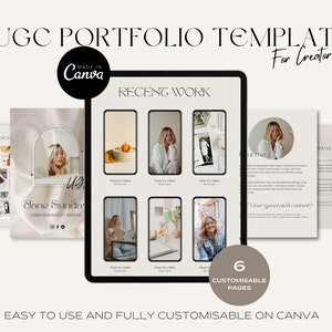 May include: A digital template for a user-generated content (UGC) portfolio. The template is made in Canva and features a light beige background with a black and white design. The template includes a title page, a recent work page, and a page for user generated content. The template is easy to use and fully customizable on Canva.