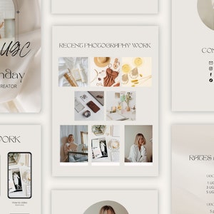 May include: A beige and white digital marketing template with the text "RECENT PHOTOGRAPHY WORK" and a grid of six photos. The photos show a variety of lifestyle and product shots. The template also includes the text "CONTACT ME" with contact information and the text "RAGES AND BUNDL" with pricing information for video and photography services.