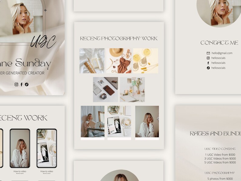 May include: A beige and white digital marketing template with the text "RECENT PHOTOGRAPHY WORK" and a grid of six photos. The photos show a variety of lifestyle and product shots. The template also includes the text "CONTACT ME" with contact information and the text "RAGES AND BUNDL" with pricing information for video and photography services.