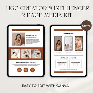May include: A two-page media kit template for a UGC creator or influencer. The template is designed in a minimalist style with a brown and white color scheme. The first page features a headshot of the creator, a description of their services, and examples of their work. The second page includes information about their rates and packages. The template is easy to edit with Canva.
