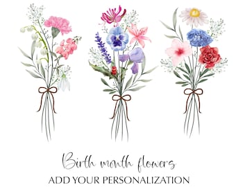 Custom Birth Flower, Family Bouquet Print, Tattoo Design, Personalized Gift, Watercolor Art Print, Picture Gift, Wall Art Printable, Flowers