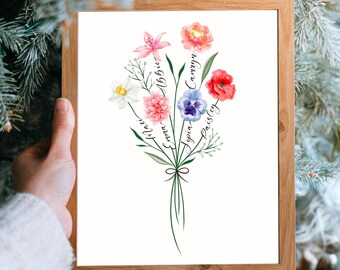 Custom Birth Month Flower, Custom Family Birth Flower Bouquet, Minimalist Design, Birth Flowers Art Print, Personalized Gift, Mother's Day