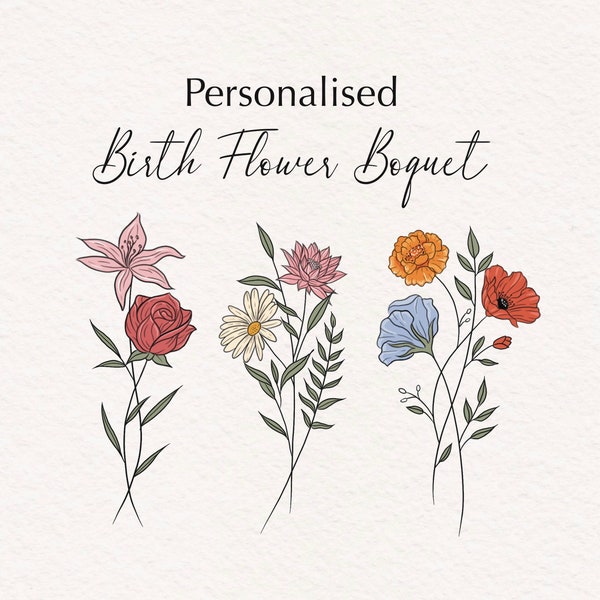 Custom Birth Flower Bouquet, Tattoo Bouquet,  Customisable Tattoo, Custom Made Gift, Family Birth Month Tattoo Design, Up to 4 Flowers